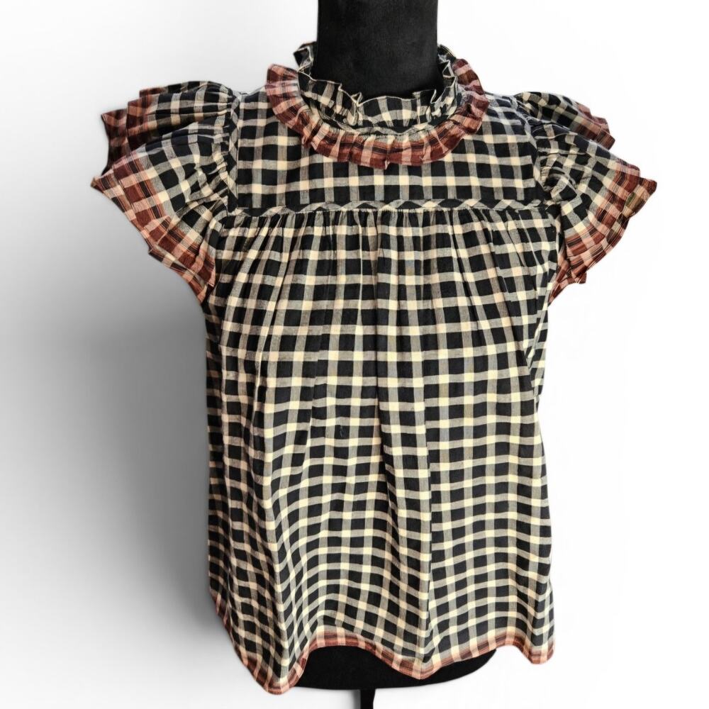 Ulla Johnson Arabel Check/Plaid Ruffle Neck Flutter Sleeve Cotton Blouse Sz 0